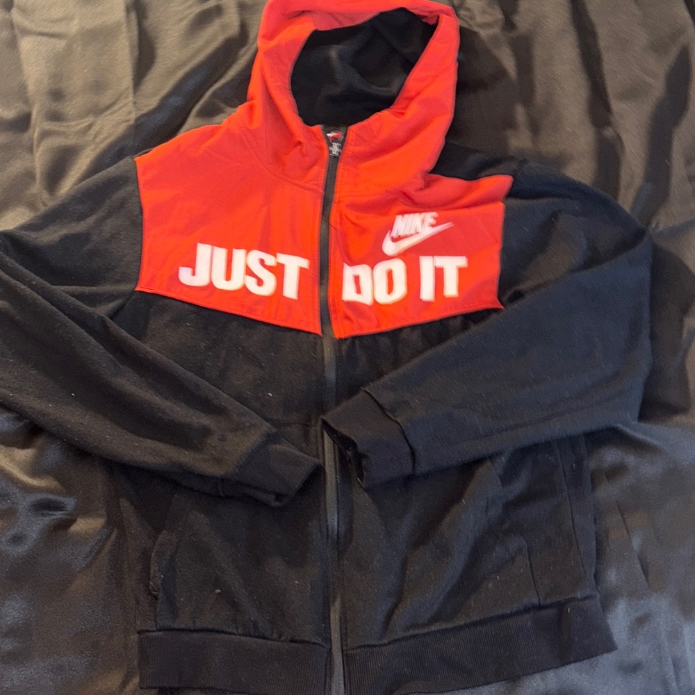 Vintage Nike Black and Red Zip-Up just do it Hoodie size medium